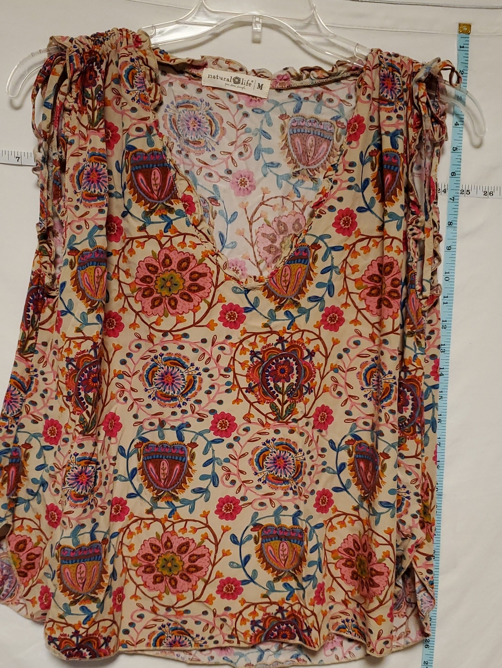 NATURAL LIFE Cream Floral Boho V-Neck Tank with Pink & Blue Accents Med